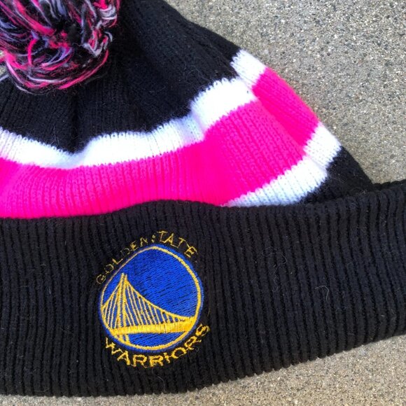 GOLDEN STATE WARRIORS Pom Beanie Hat NBA Women's Cuffed Cap Pink - Picture 4 of 6